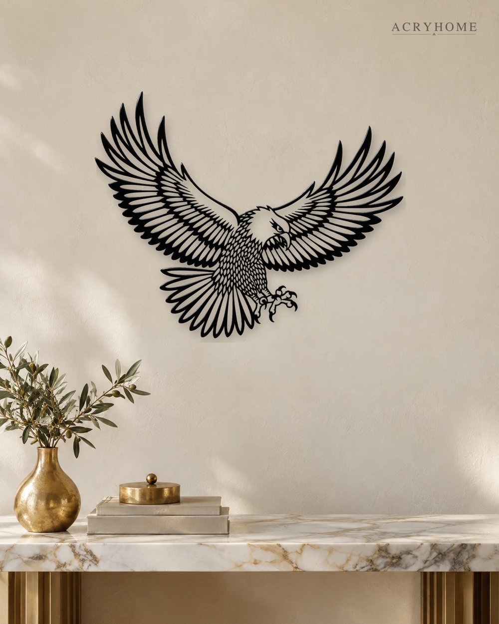 Eagle in Flight Wall Art with Feather Detail in gloss piano black acrylic, float-mounted on a pale ivory wall.