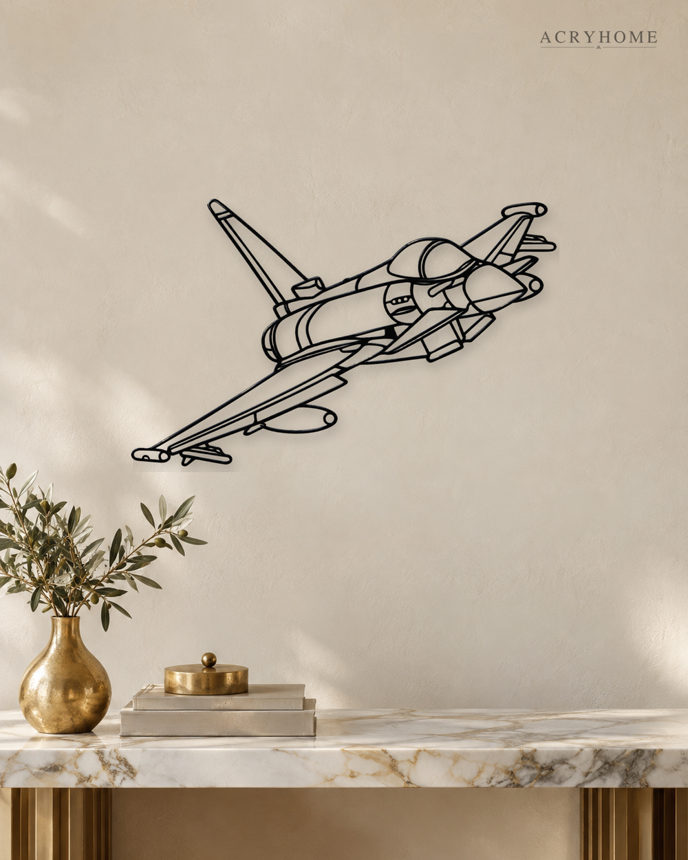 Fighter Jet Wall Art, Climbing Aircraft Outline in gloss piano black acrylic, float-mounted on a pale ivory wall.