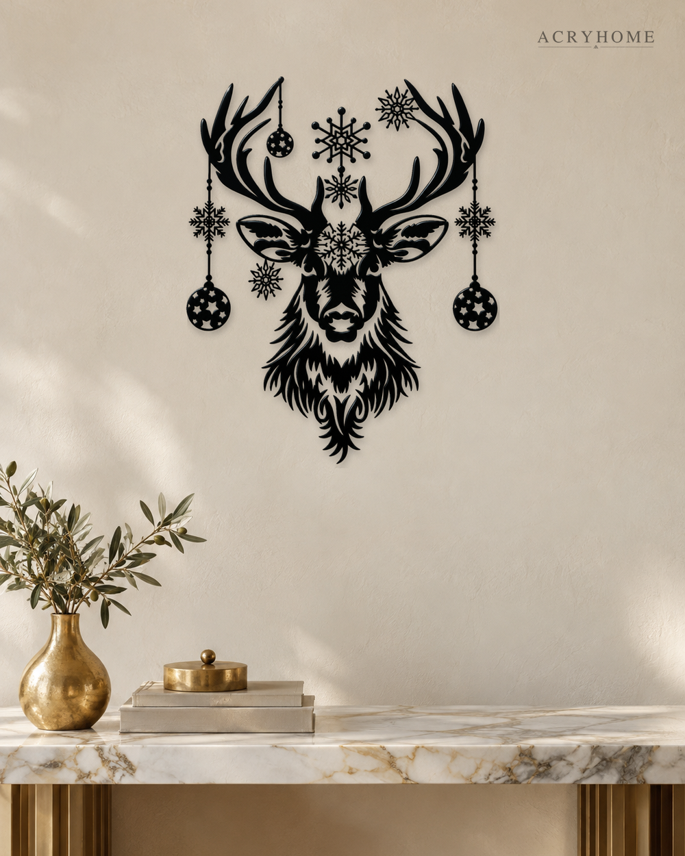 Stag Head Christmas Wall Art with Hanging Baubles and Snowflakes in gloss piano black acrylic, float-mounted on a pale ivory wall.