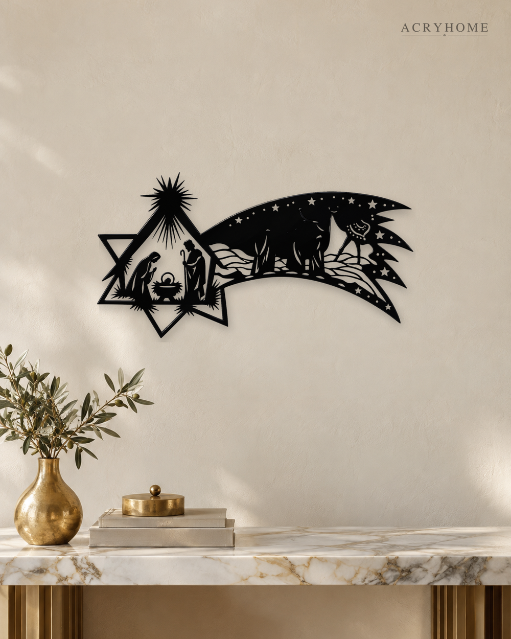 Nativity Scene Wall Art with a Sweeping Comet Star in gloss piano black acrylic, float-mounted on a pale ivory wall.