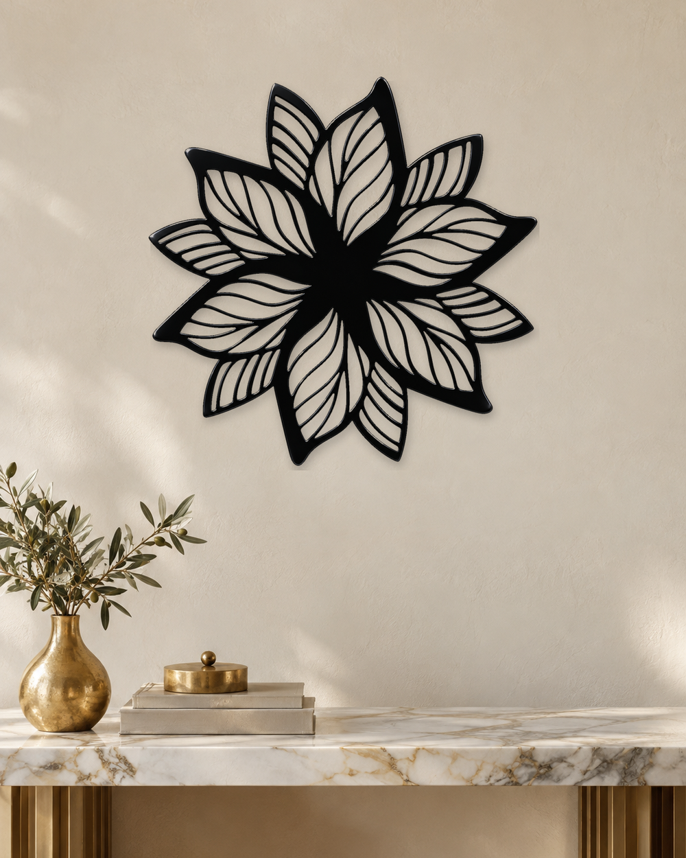 Layered Bloom flower wall art in gloss piano black acrylic, overlapping pointed petals float-mounted on a plain wall.