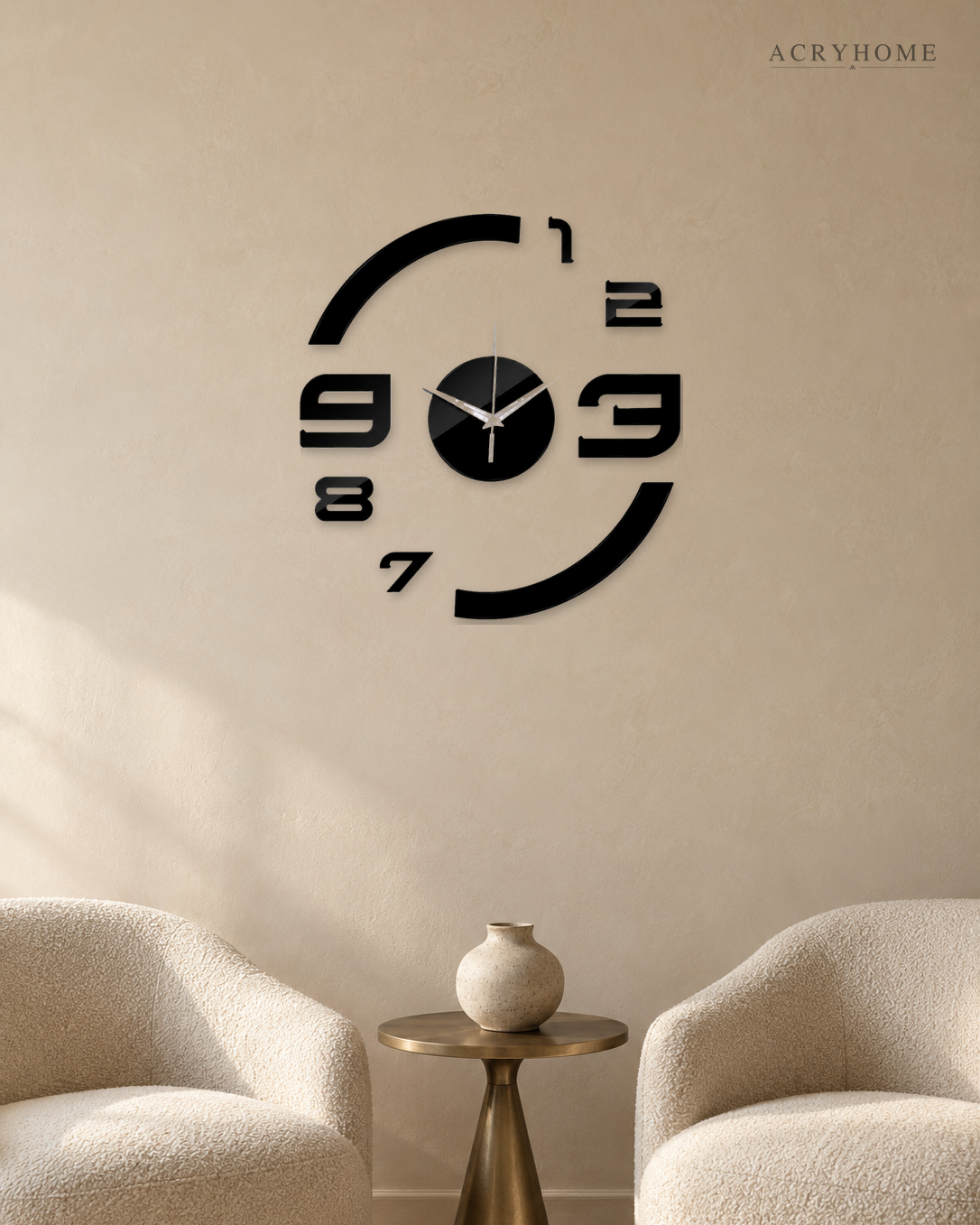 Floating numerals black acrylic wall clock above a desk