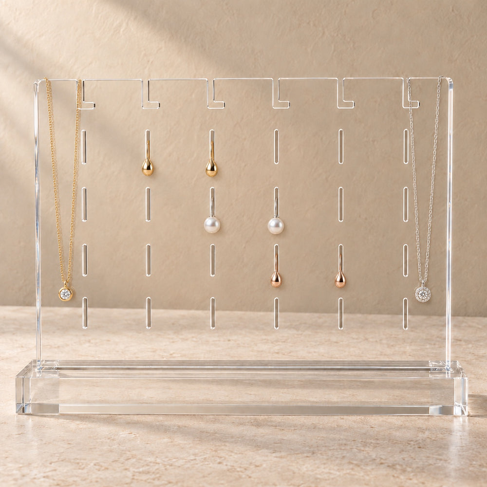 Earring and Necklace Stand in clear acrylic, in use