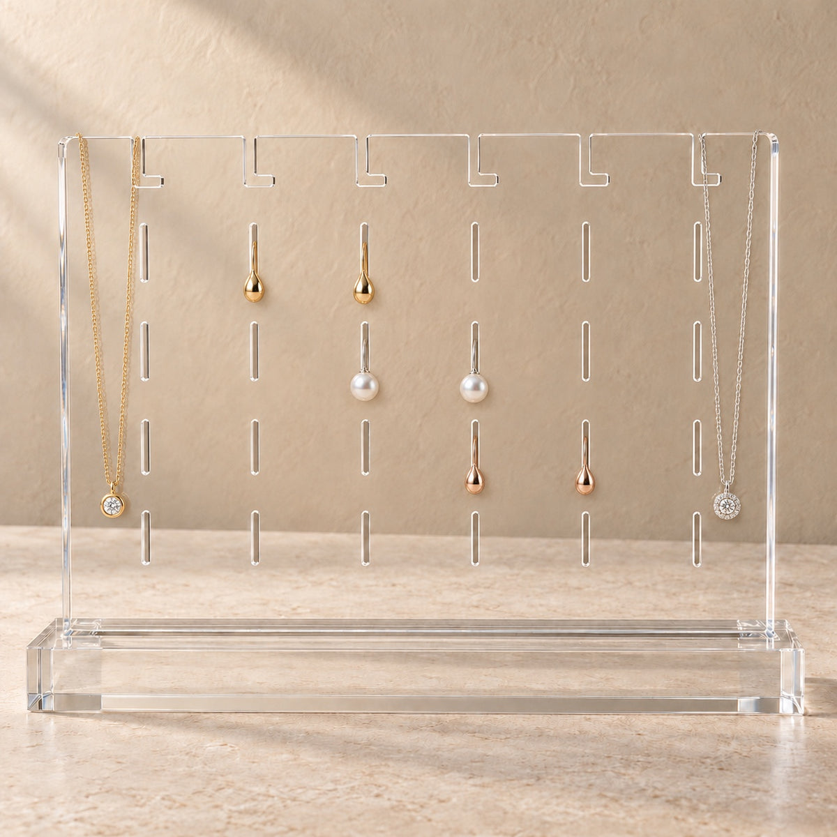 Earring and Necklace Stand in clear acrylic, in use