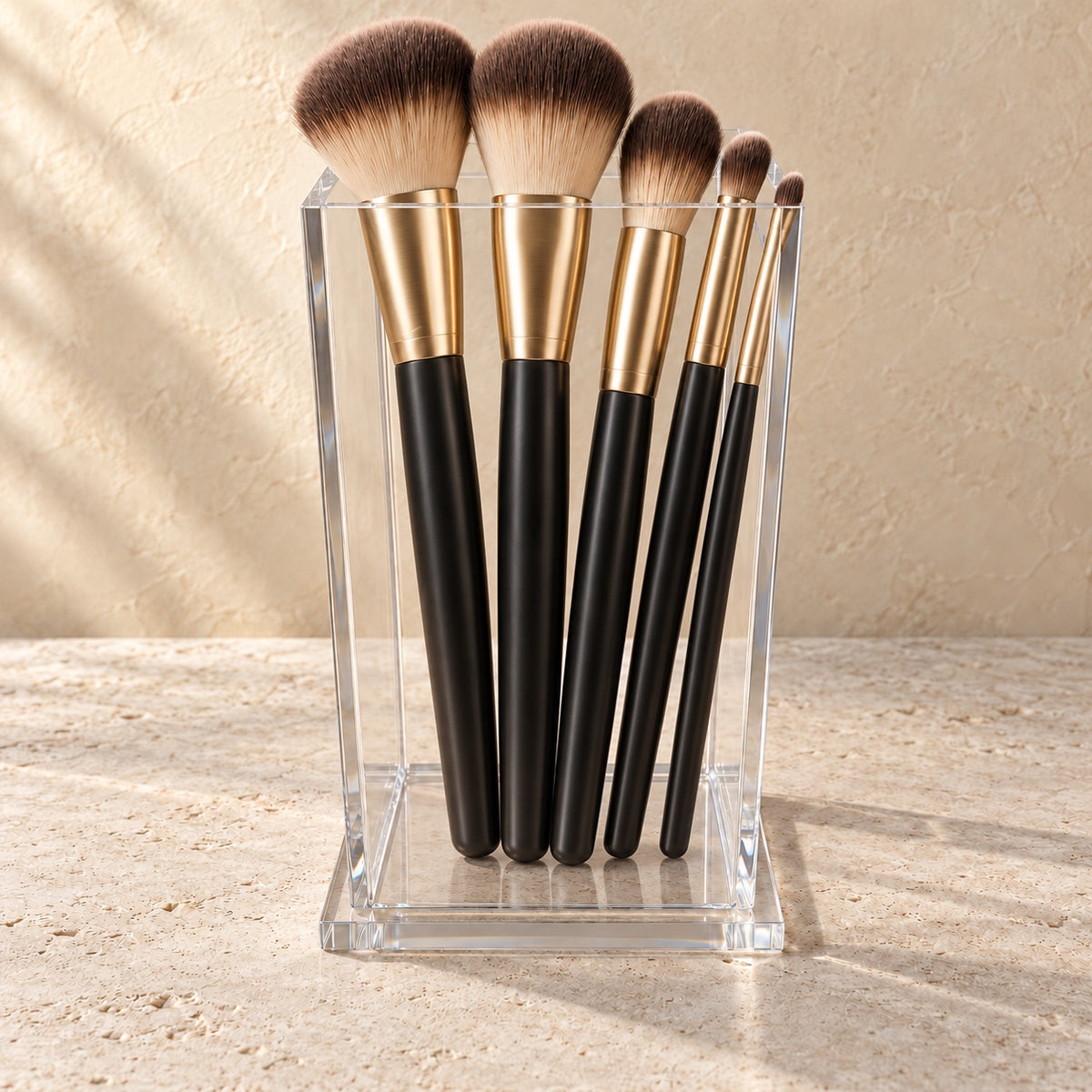 Makeup Brush Holder in clear acrylic, in use