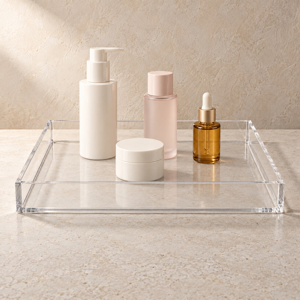 Skincare Countertop Tray in clear acrylic, in use