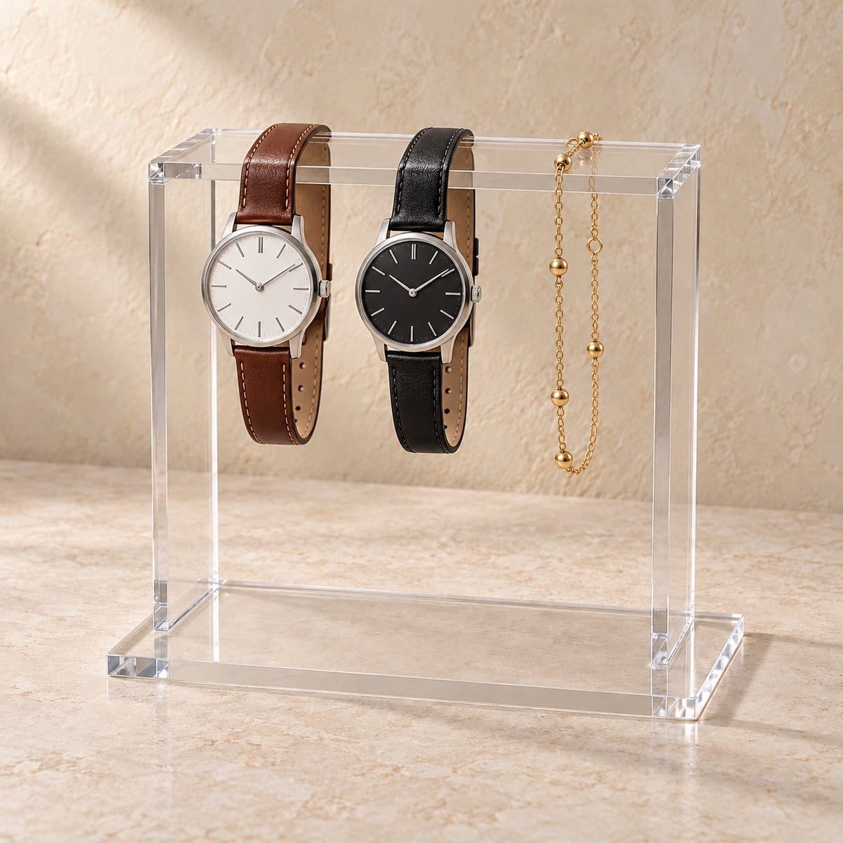 Watch and Bracelet Stand in clear acrylic, in use