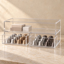 Coffee Capsule Organiser with Two Drawers in clear acrylic, in use