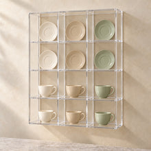 Cup and Saucer Wall Display Rack in clear acrylic, in use
