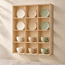 Cup and Saucer Wall Display Rack in wood (birch plywood), in use