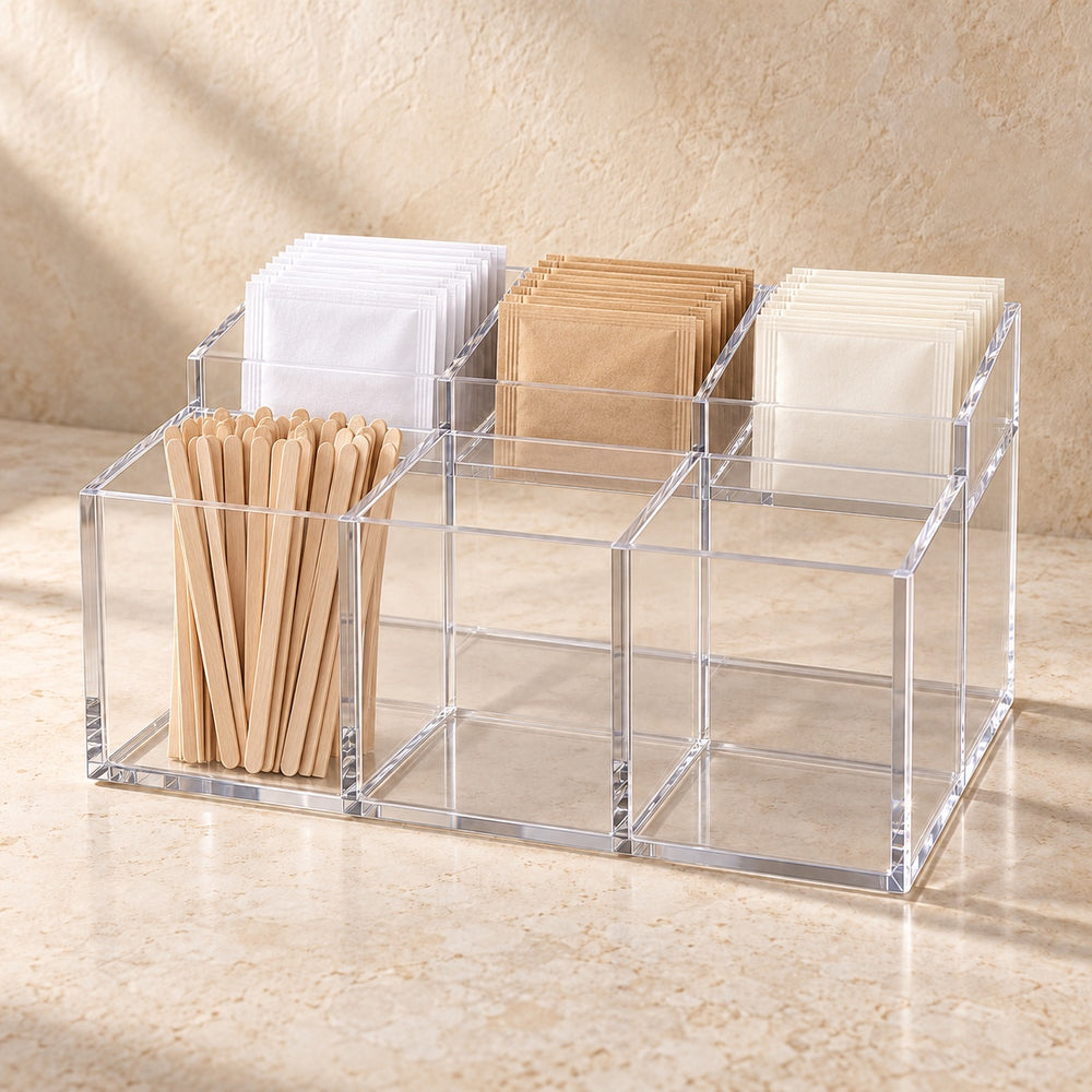 Sugar Sachet and Stirrer Caddy in clear acrylic, in use
