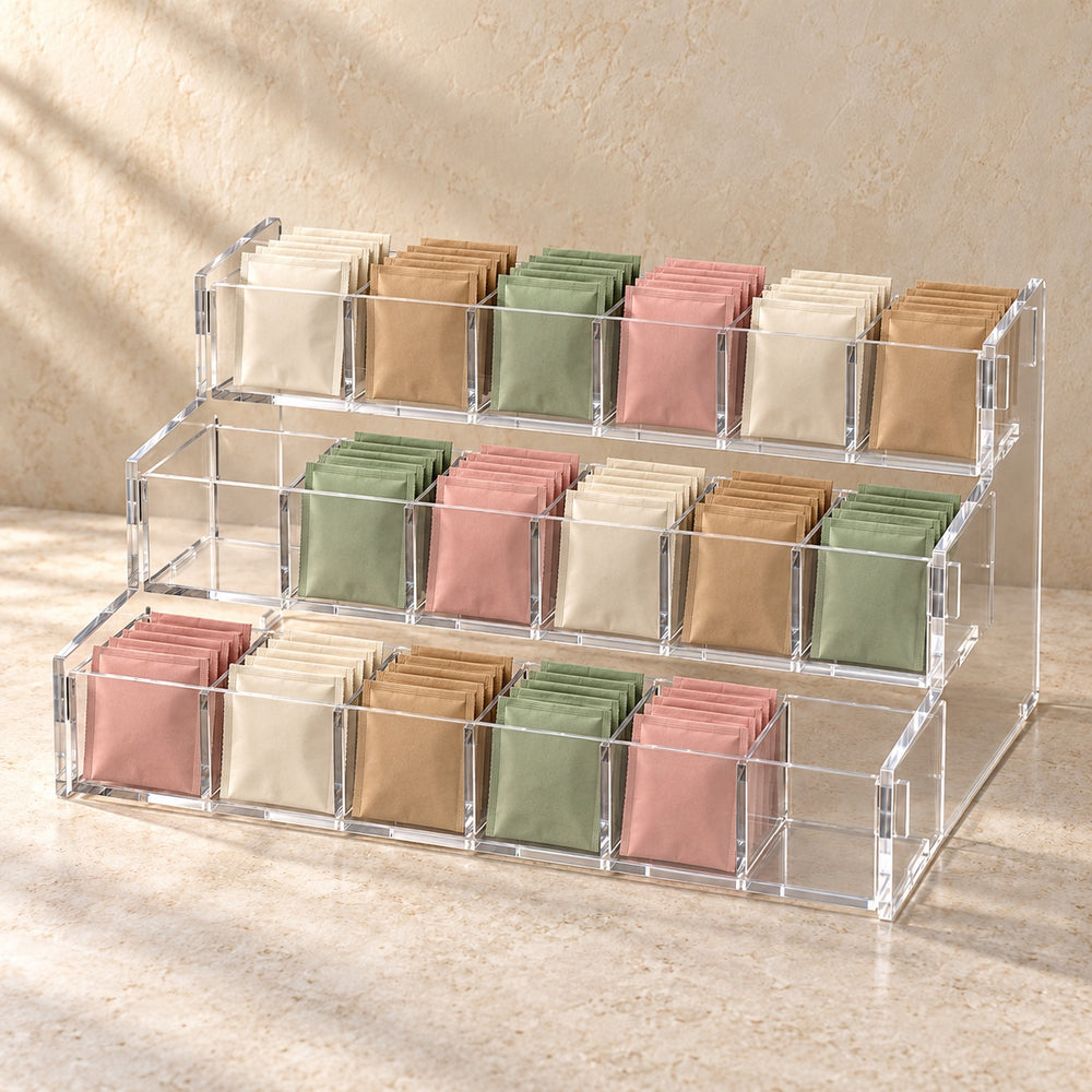 Three-Tier Tea Sachet Organiser in clear acrylic, in use