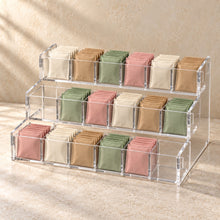 Three-Tier Tea Sachet Organiser in clear acrylic, in use