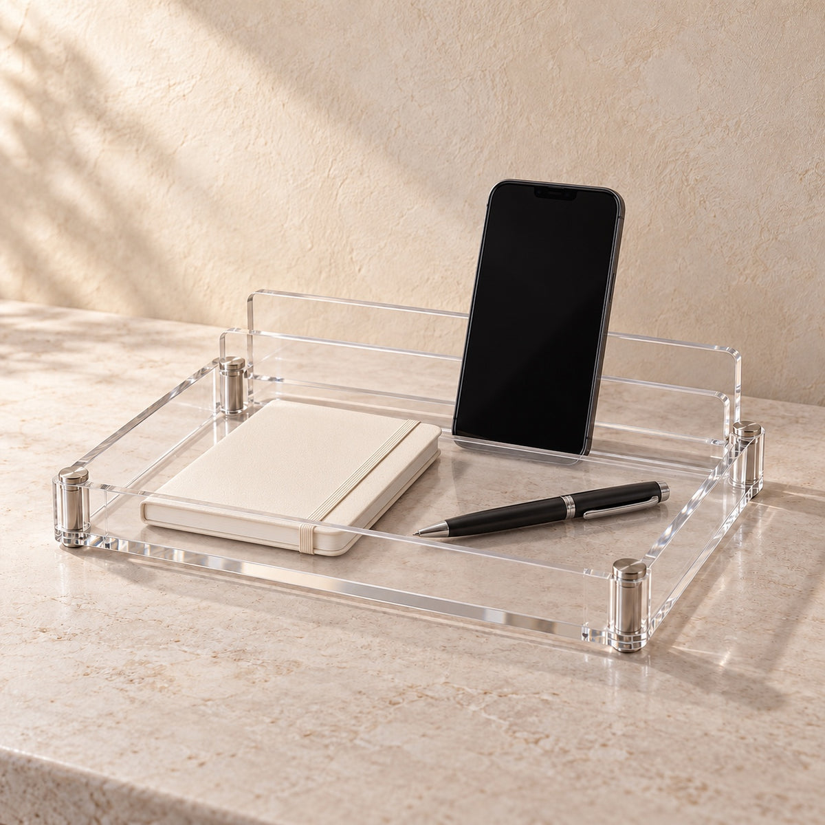 Desk Organiser with Phone Slot in clear acrylic, in use