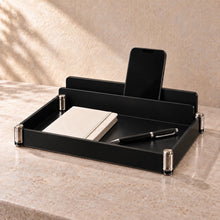 Desk Organiser with Phone Slot in black acrylic, in use