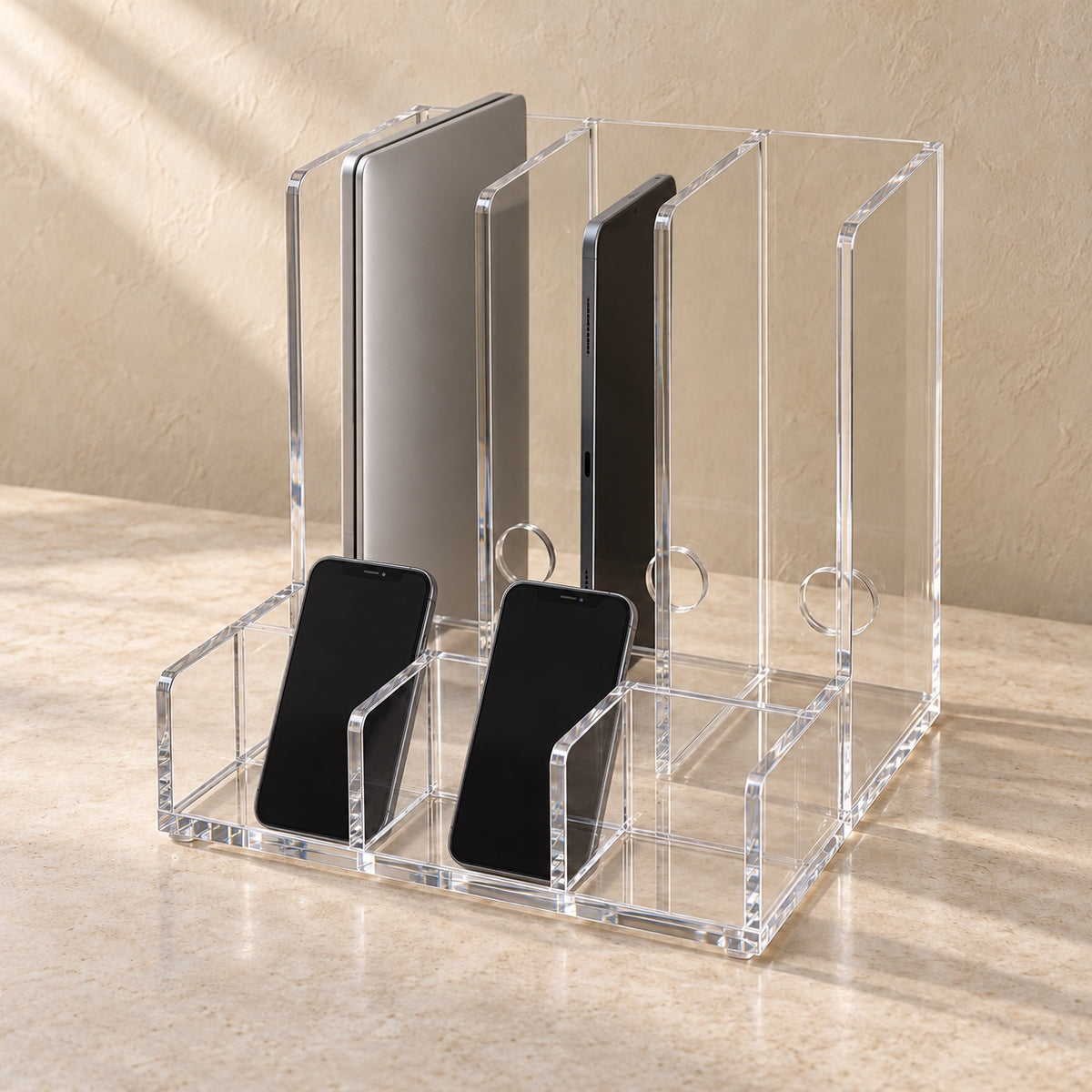 Multi-Device Charging Organiser in clear acrylic, in use