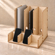 Multi-Device Charging Organiser in wood (birch plywood), in use