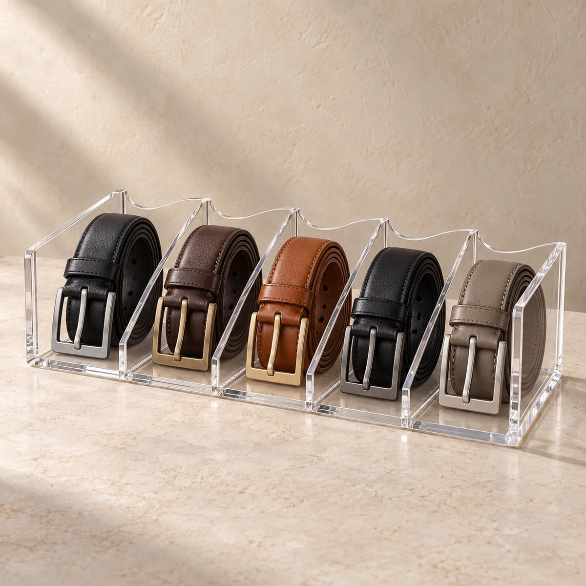 Belt and Accessory Divider, Five Bays in clear acrylic, in use