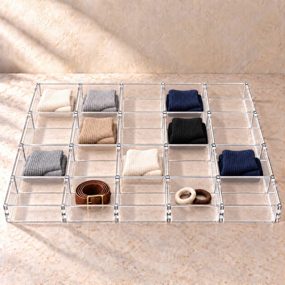 Drawer Divider Grid, 20 Compartments in clear acrylic, in use