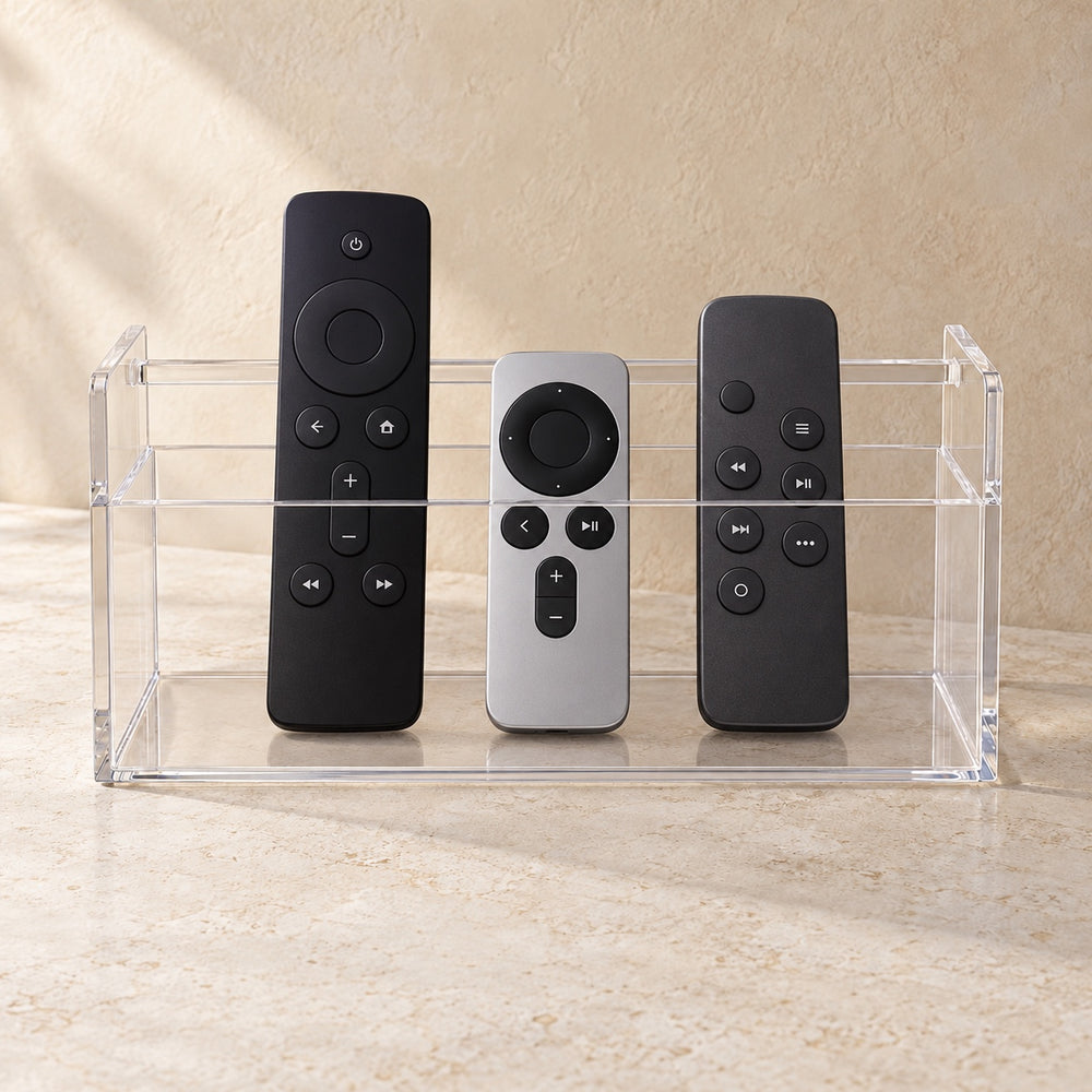 Remote Control Organiser in clear acrylic, in use