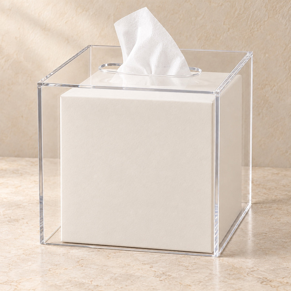 Tissue Box Cover in clear acrylic, in use