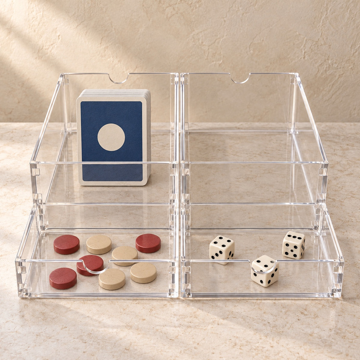 Board Game Box Insert, Set of Four Trays in clear acrylic, in use