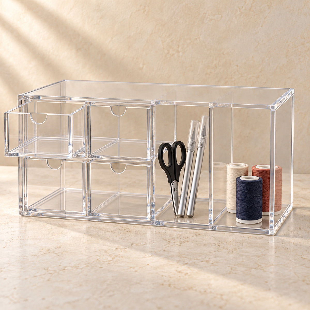Craft Tool Organiser with Drawers in clear acrylic, in use