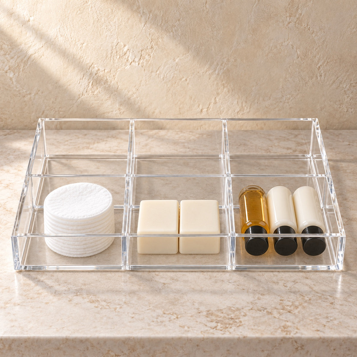 Bathroom Amenity Tray, Six Compartments in clear acrylic, in use
