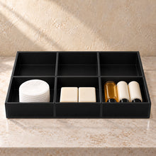 Bathroom Amenity Tray, Six Compartments in black acrylic, in use