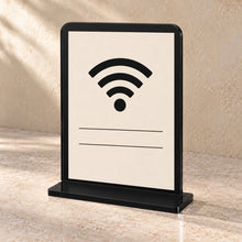 Guest Wi-Fi and Information Stand in black acrylic, in use
