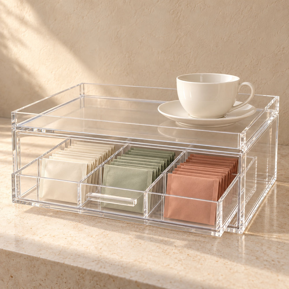 Hospitality Tray with Drawer in clear acrylic, in use
