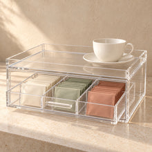 Hospitality Tray with Drawer in clear acrylic, in use