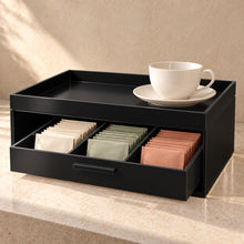 Hospitality Tray with Drawer in black acrylic, in use