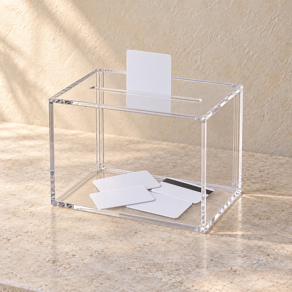 Key Card Return Box in clear acrylic, in use
