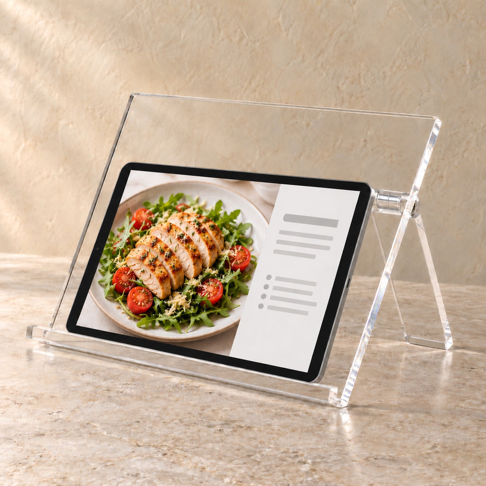 Recipe and Tablet Stand in clear acrylic, in use