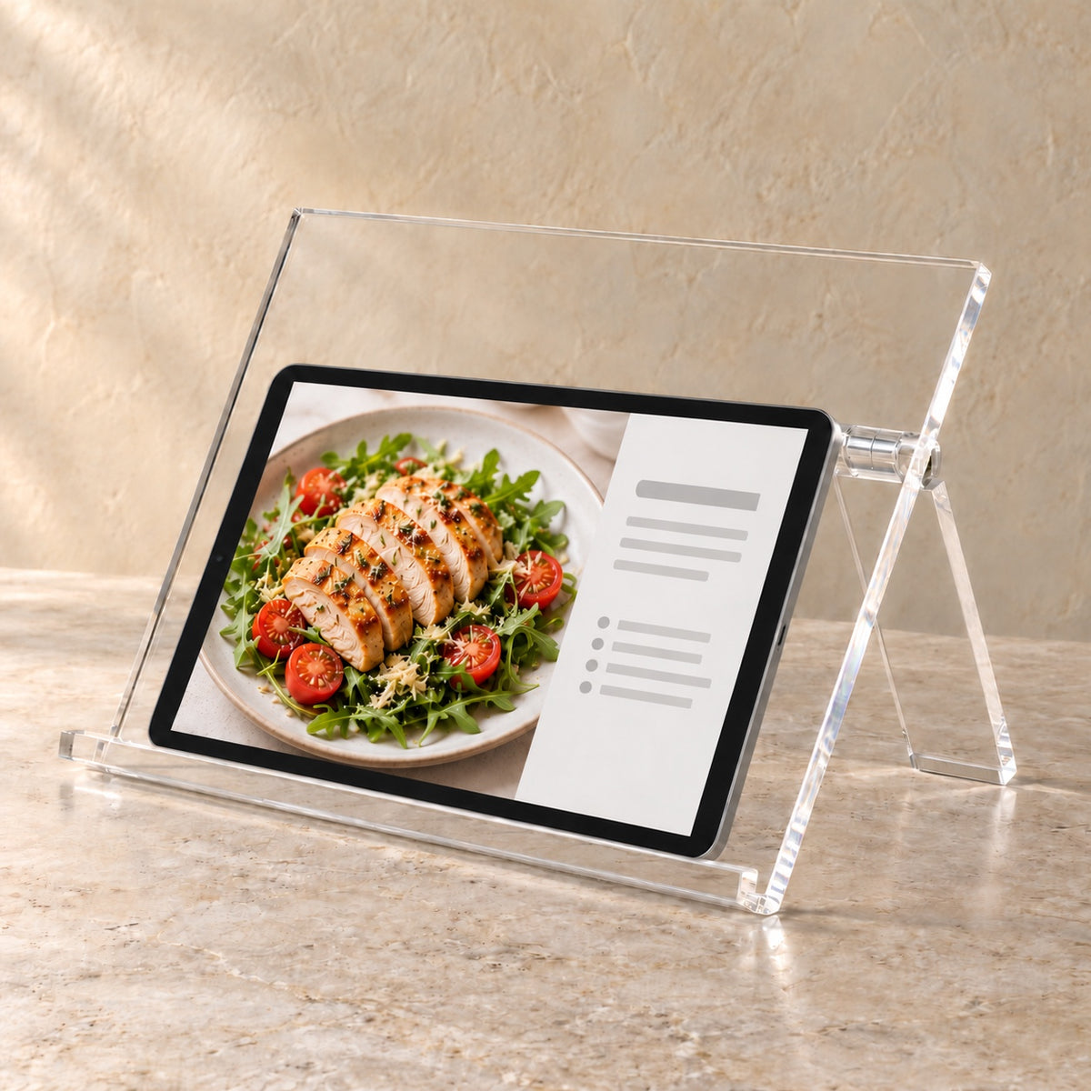 Recipe and Tablet Stand in clear acrylic, in use