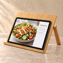 Recipe and Tablet Stand in bamboo, in use