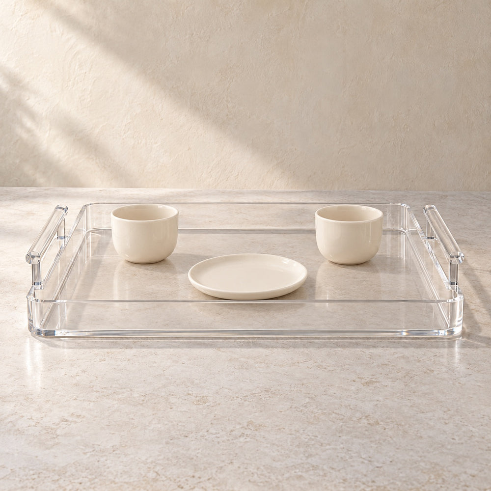 Serving Tray with Handles in clear acrylic, in use