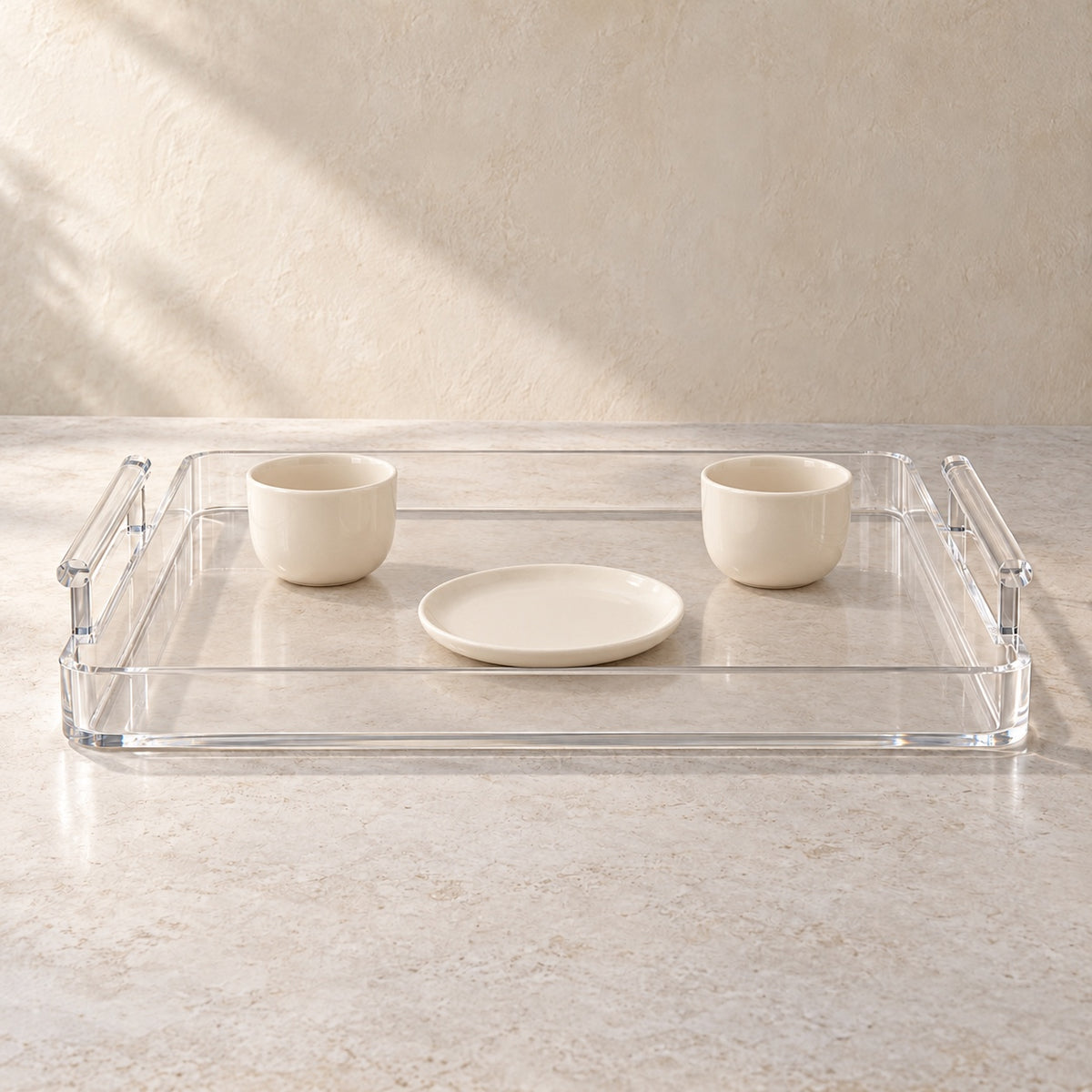 Serving Tray with Handles in clear acrylic, in use