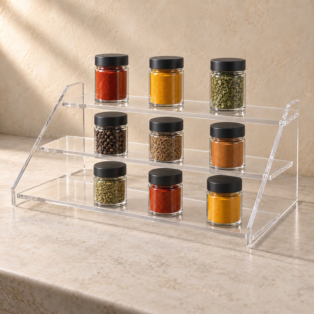 Three-Step Spice Jar Riser in clear acrylic, in use