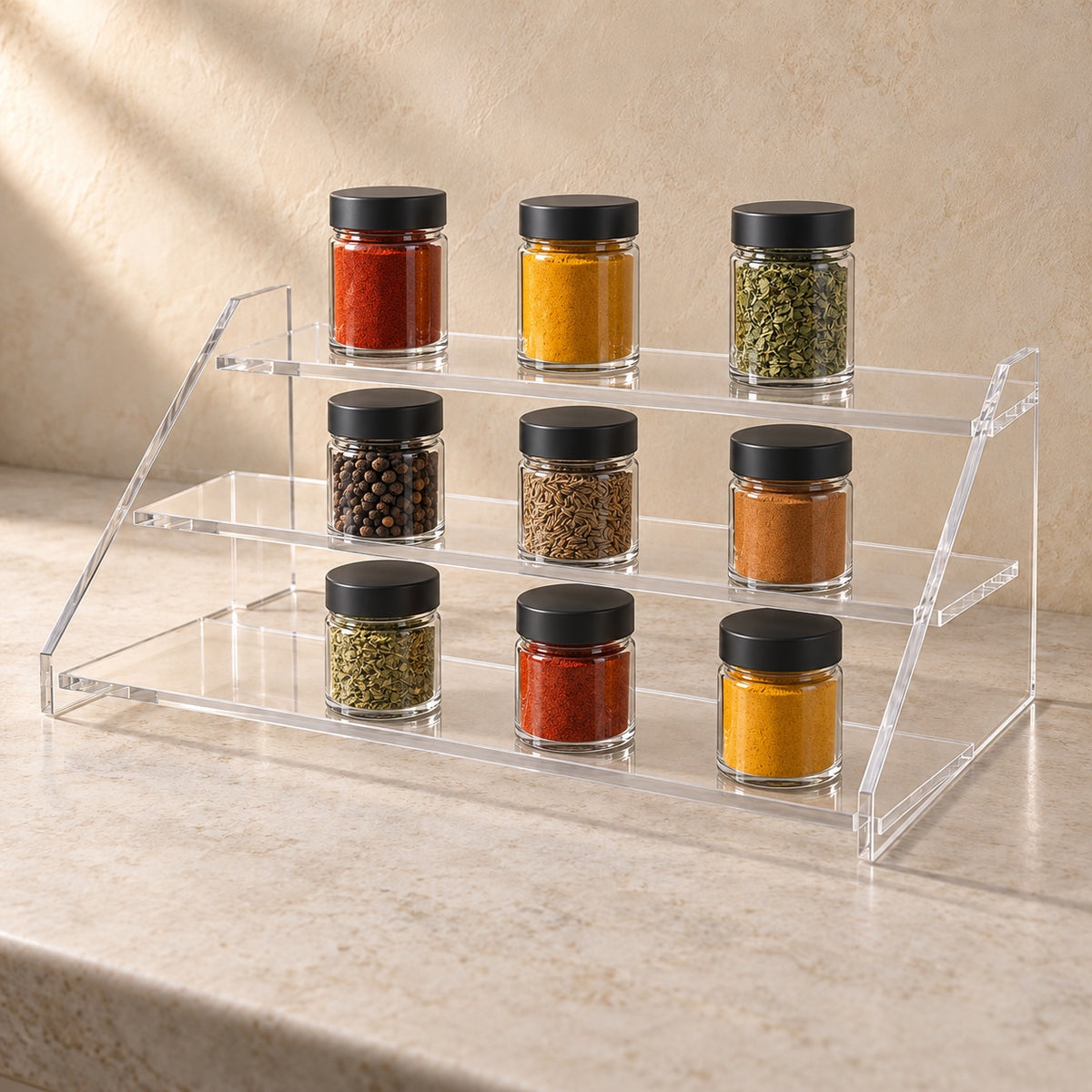 Three-Step Spice Jar Riser in clear acrylic, in use