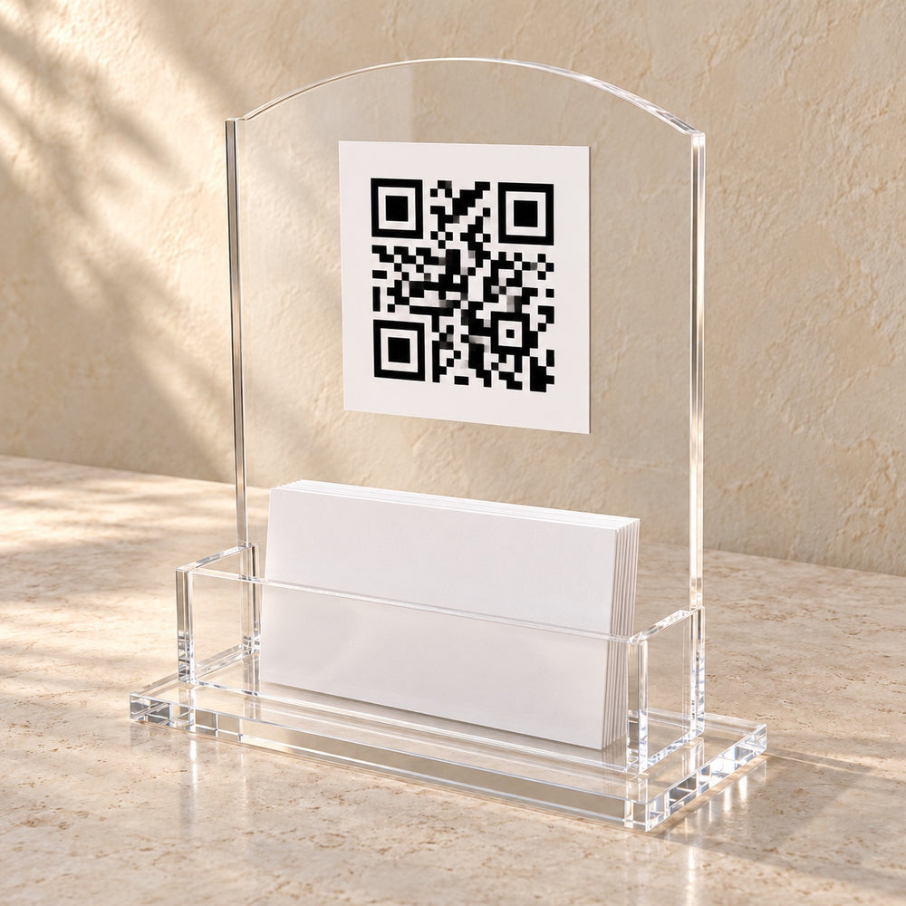 Appointment Card and QR Code Holder in clear acrylic, in use