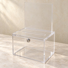 Suggestion Box with Lock and Sign Panel in clear acrylic, empty
