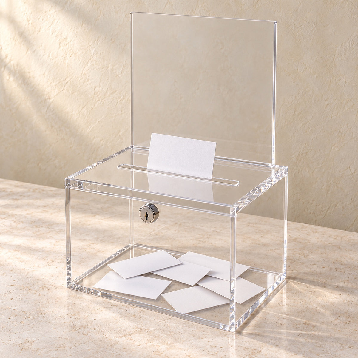 Suggestion Box with Lock and Sign Panel in clear acrylic, in use
