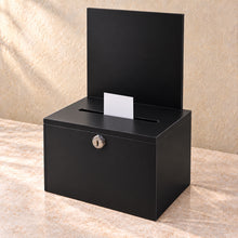 Suggestion Box with Lock and Sign Panel in black acrylic, in use