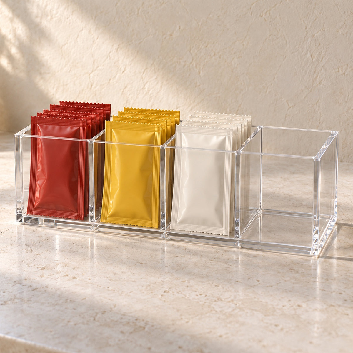 Condiment Sachet Caddy, Four Compartments in clear acrylic, in use