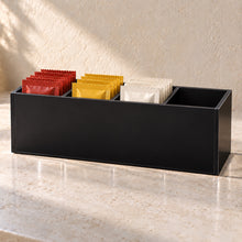 Condiment Sachet Caddy, Four Compartments in black acrylic, in use