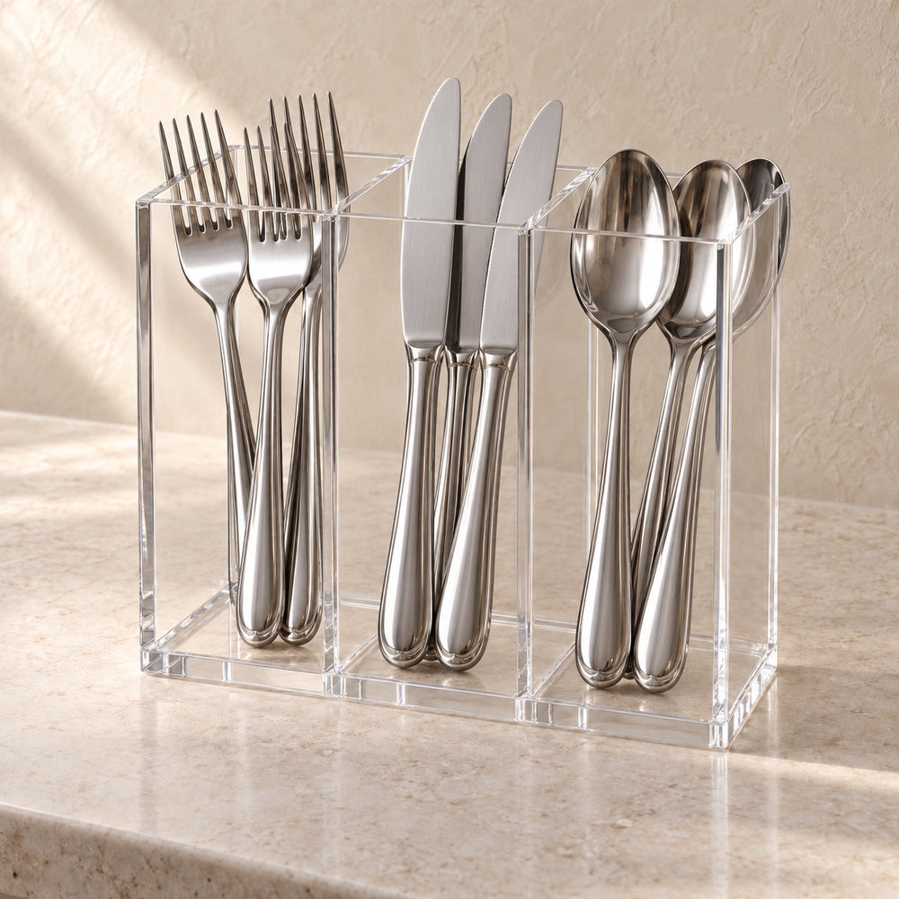 Cutlery Caddy, Three Compartments in clear acrylic, in use