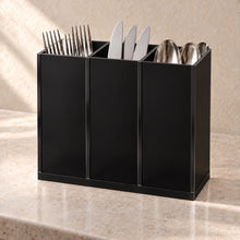 Cutlery Caddy, Three Compartments in black acrylic, in use