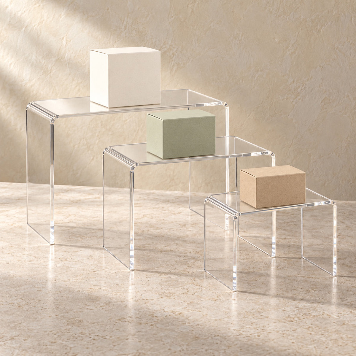 Display Riser Set of Three in clear acrylic, in use